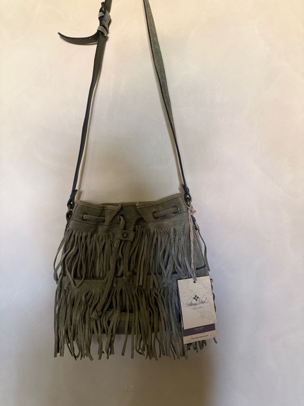 PATRICIA NASH Bronte olive green suede fringe boho crossbody bucket bag NWT